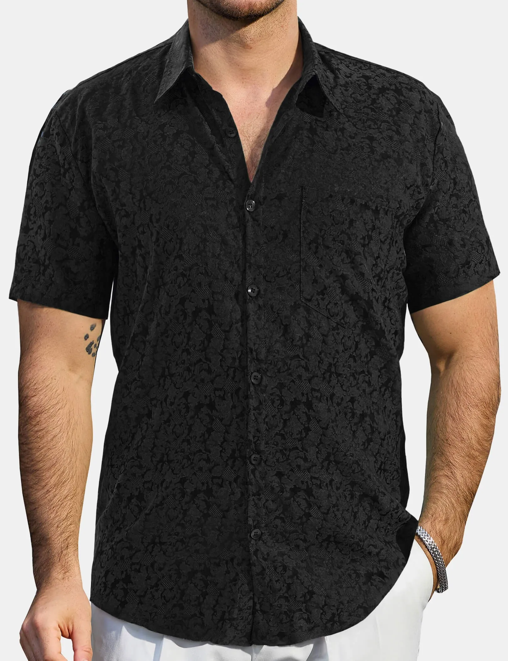 Men's Jacquard Satin Casual Short Sleeve Button Up Shirts