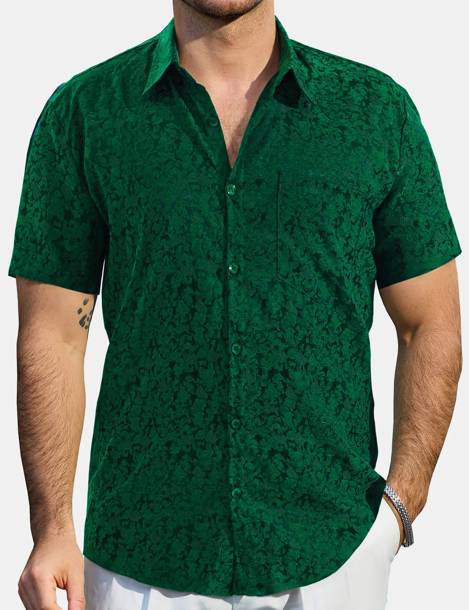 Men's Jacquard Satin Casual Short Sleeve Button Up Shirts