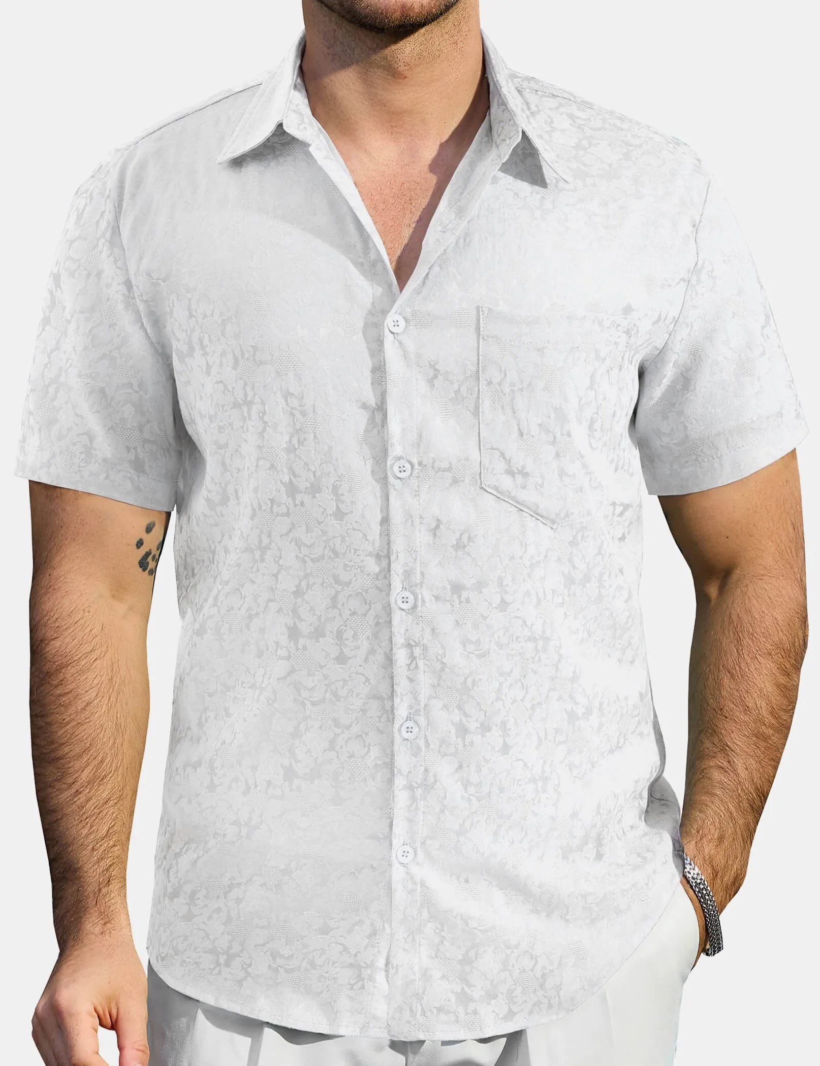 Men's Jacquard Satin Casual Short Sleeve Button Up Shirts