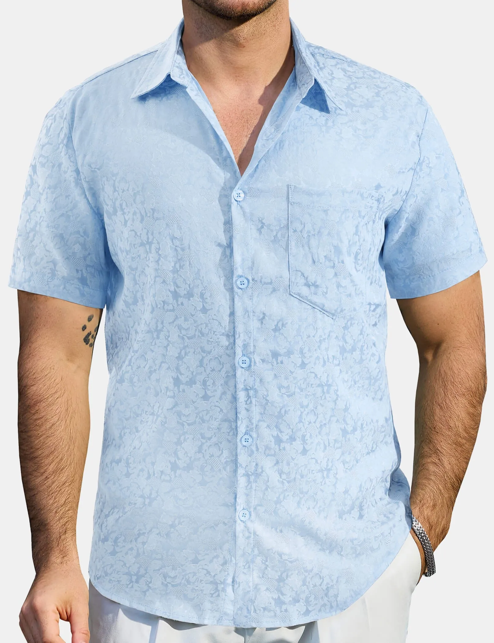 Men's Jacquard Satin Casual Short Sleeve Button Up Shirts