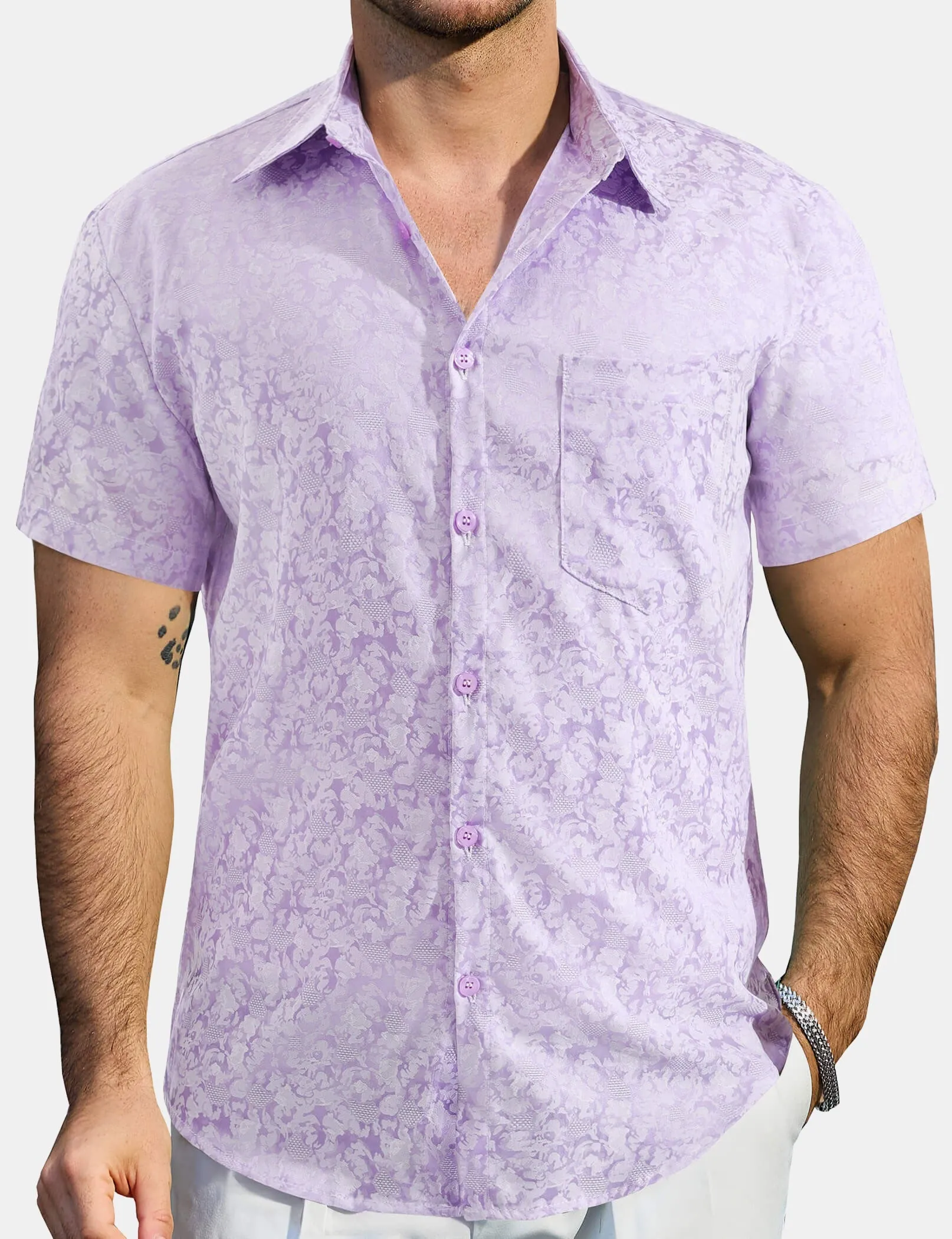 Men's Jacquard Satin Casual Short Sleeve Button Up Shirts