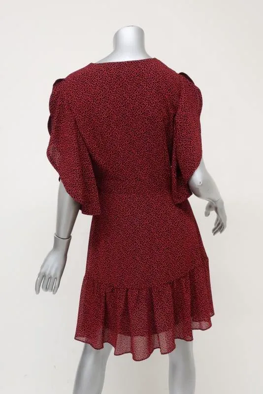 MICHAEL Michael Kors Dress Red Printed Chiffon Size Small Cascade-Sleeve Mini