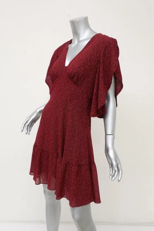 MICHAEL Michael Kors Dress Red Printed Chiffon Size Small Cascade-Sleeve Mini