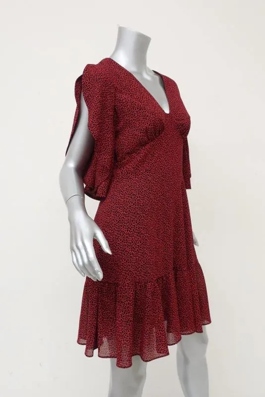 MICHAEL Michael Kors Dress Red Printed Chiffon Size Small Cascade-Sleeve Mini