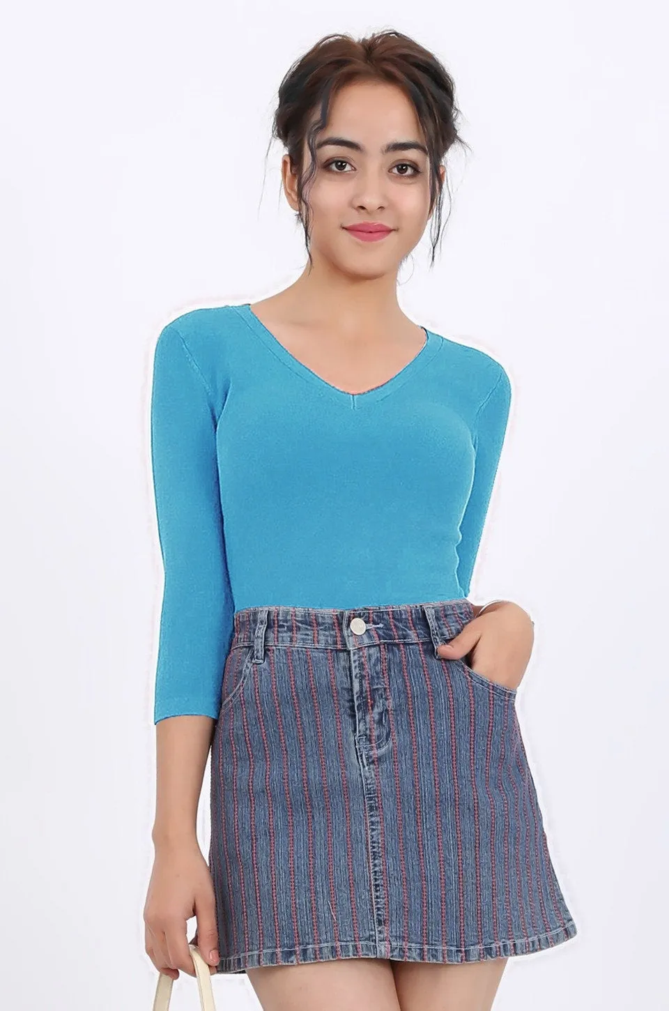 MISS PINKI Autumn 3/4 sleeve V-neck Knitwear - blue - Petite