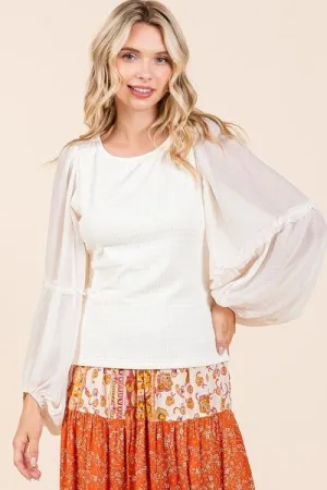 Mixed Media Textured Knit Chiffon Long Sleeve Ivory Top