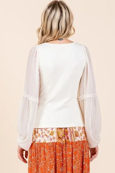 Mixed Media Textured Knit Chiffon Long Sleeve Ivory Top