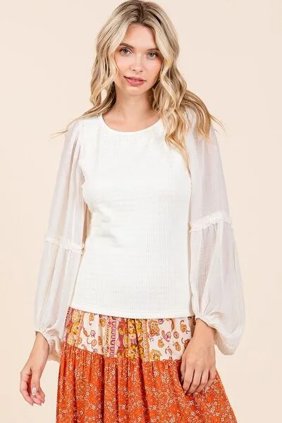 Mixed Media Textured Knit Chiffon Long Sleeve Ivory Top