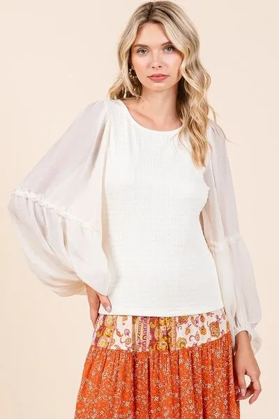 Mixed Media Textured Knit Chiffon Long Sleeve Ivory Top
