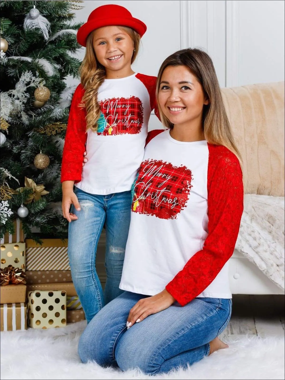 Mommy and Me Plaid "Merry Christmas" Lace Top