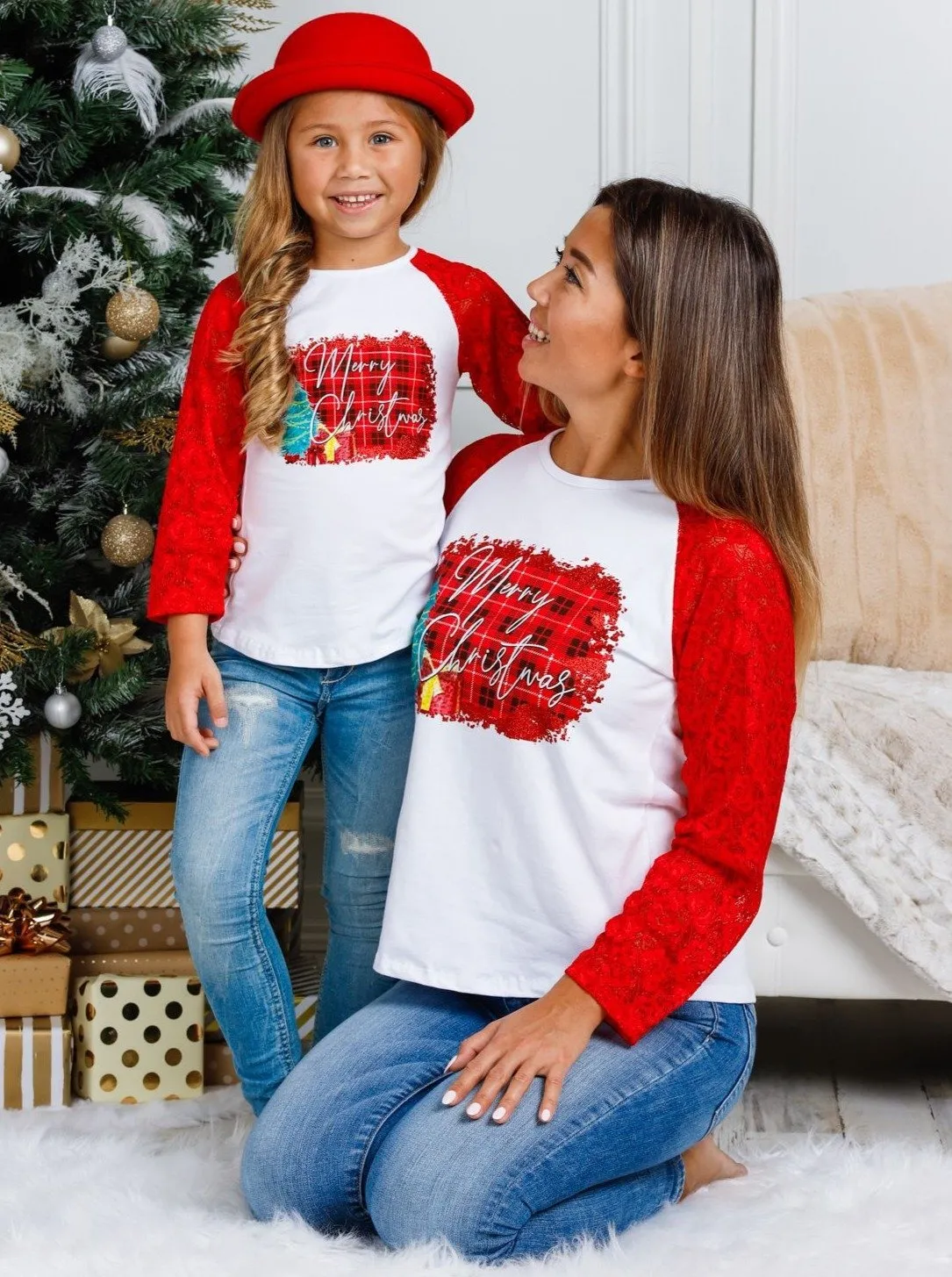 Mommy and Me Plaid "Merry Christmas" Lace Top