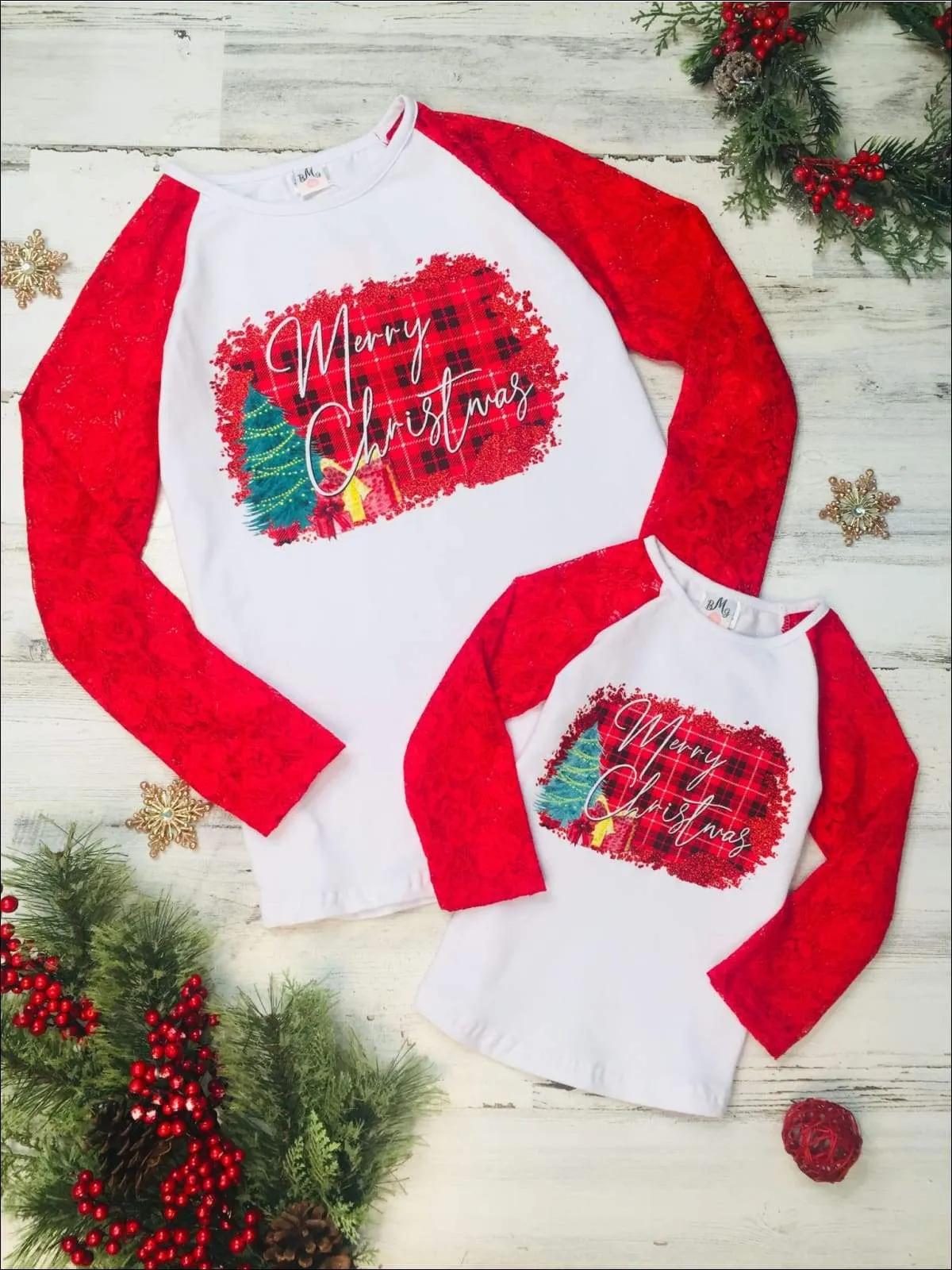 Mommy and Me Plaid "Merry Christmas" Lace Top