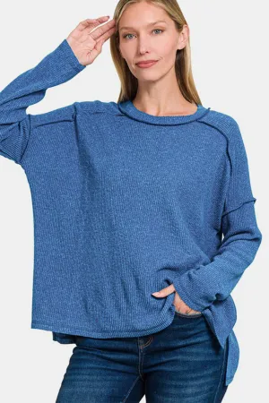 Navy Exposed Seam Brushed Round Neck Sweater