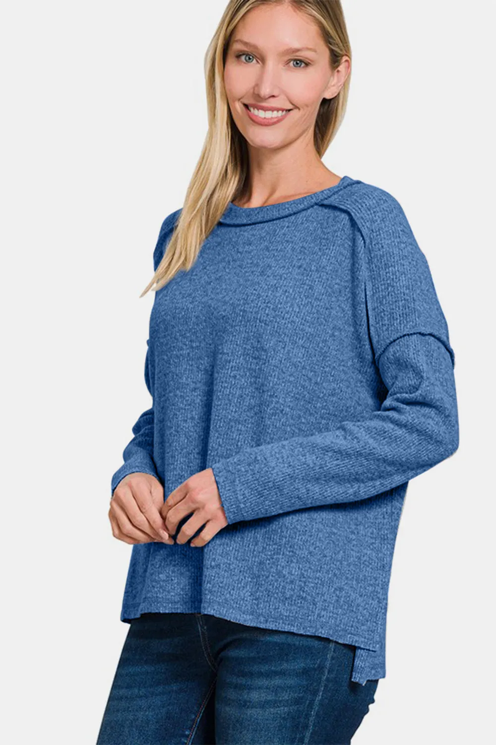 Navy Exposed Seam Brushed Round Neck Sweater