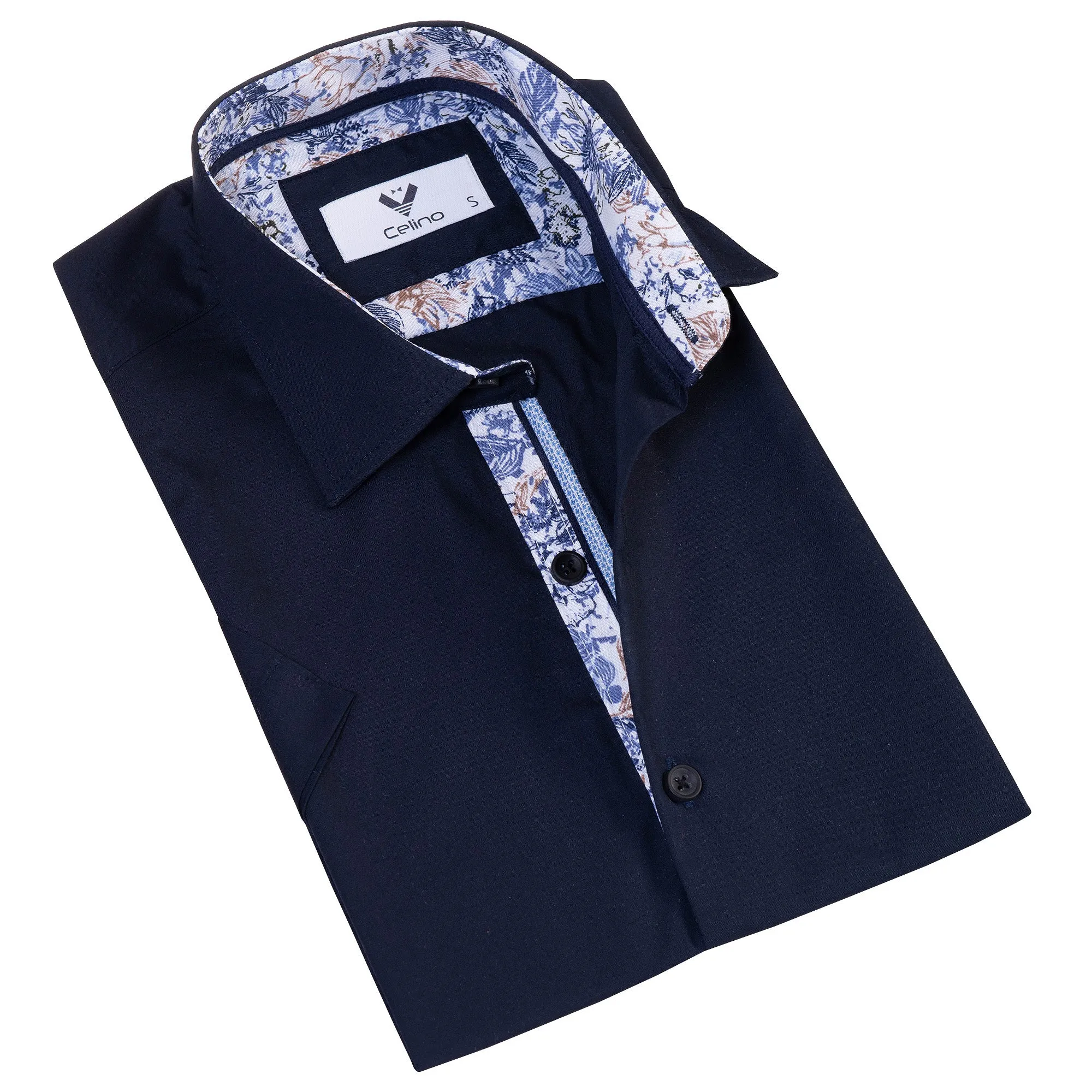 Navy inside Paisley Men's Short Sleeves Shirt- Tailored Slim Fit Cotton Dress Shirts