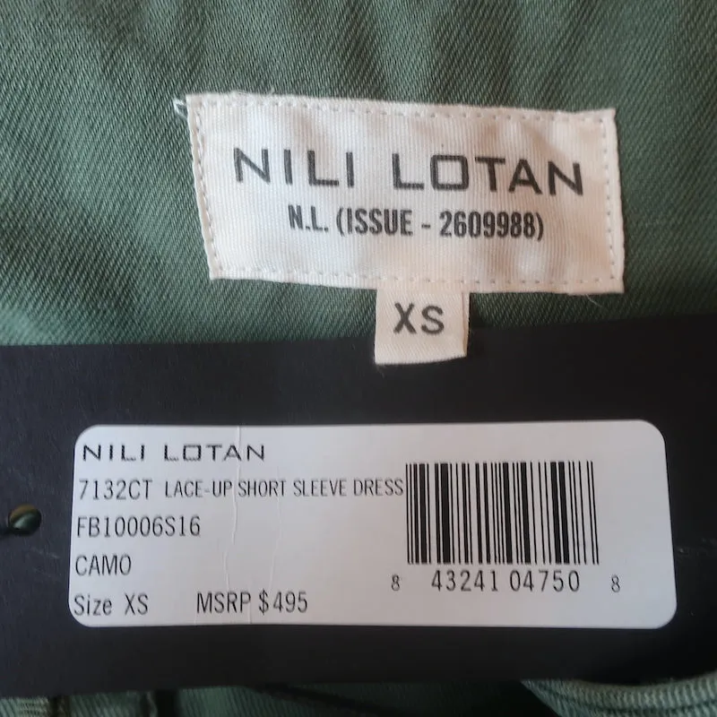 Nili Lotan Lace-Up Mini Dress Army Green Size Extra Small Short Sleeve Shift NEW