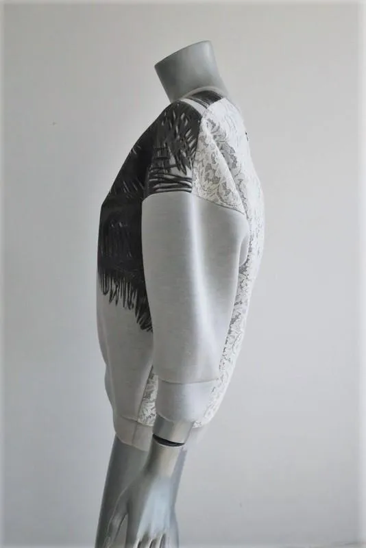 No. 21 Palm Tree Sweatshirt Light Gray Neoprene Size 40 Lace-Back Pullover