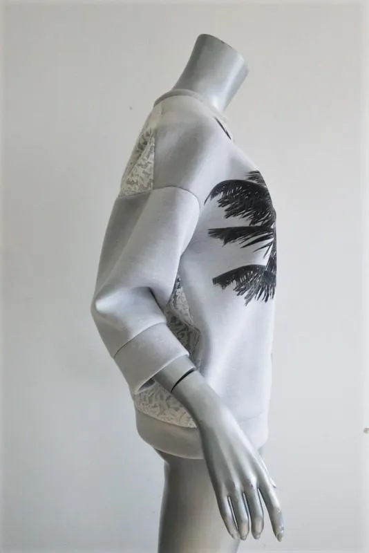 No. 21 Palm Tree Sweatshirt Light Gray Neoprene Size 40 Lace-Back Pullover