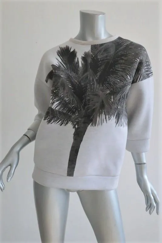 No. 21 Palm Tree Sweatshirt Light Gray Neoprene Size 40 Lace-Back Pullover
