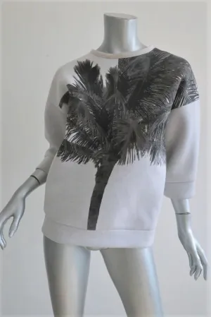 No. 21 Palm Tree Sweatshirt Light Gray Neoprene Size 40 Lace-Back Pullover