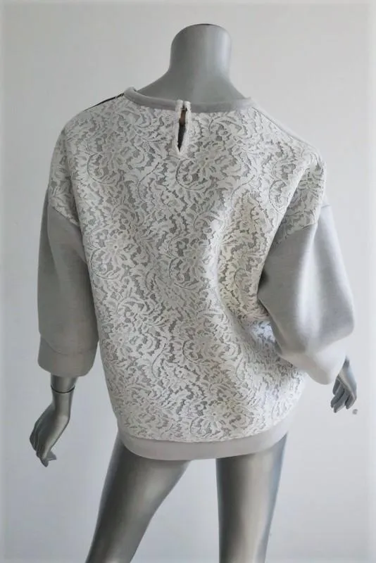 No. 21 Palm Tree Sweatshirt Light Gray Neoprene Size 40 Lace-Back Pullover