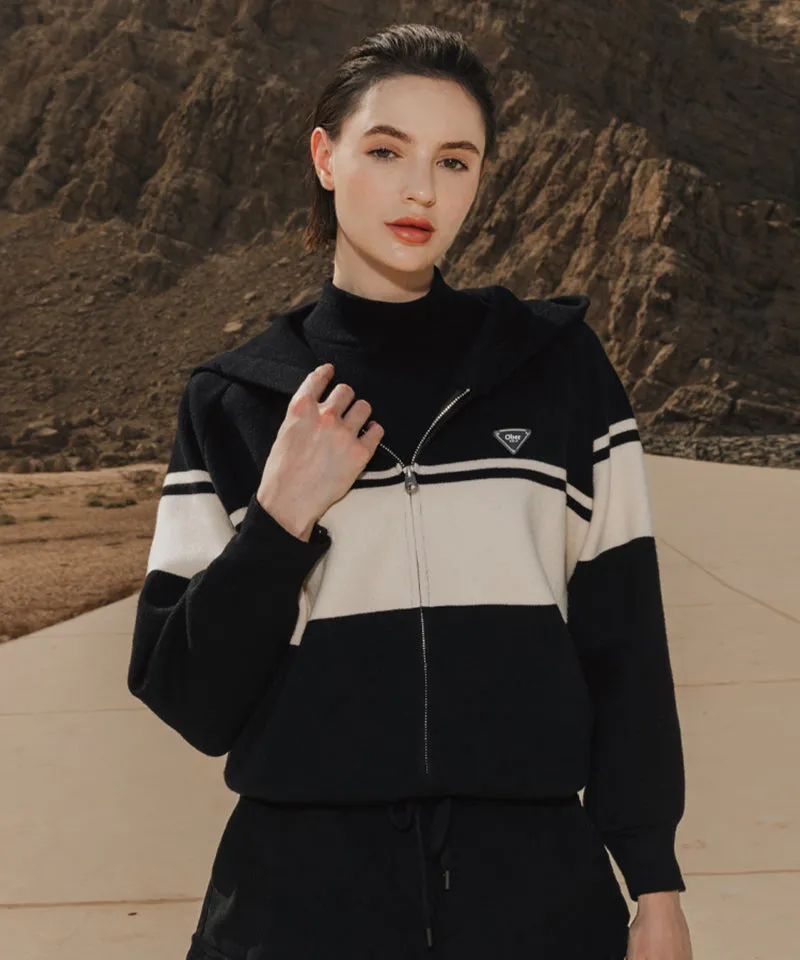 OBER Golf Color Block Hooded Knit Cardigan - Black