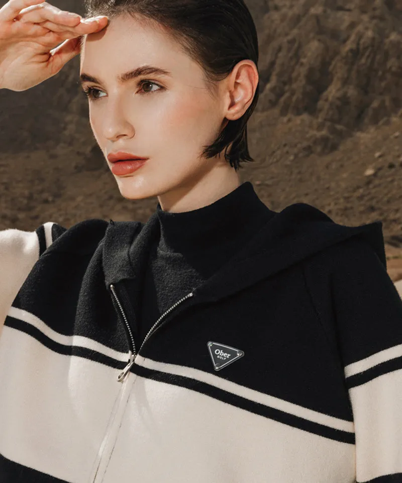 OBER Golf Color Block Hooded Knit Cardigan - Black