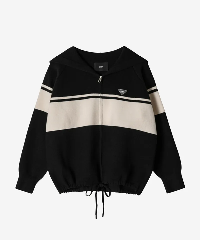 OBER Golf Color Block Hooded Knit Cardigan - Black