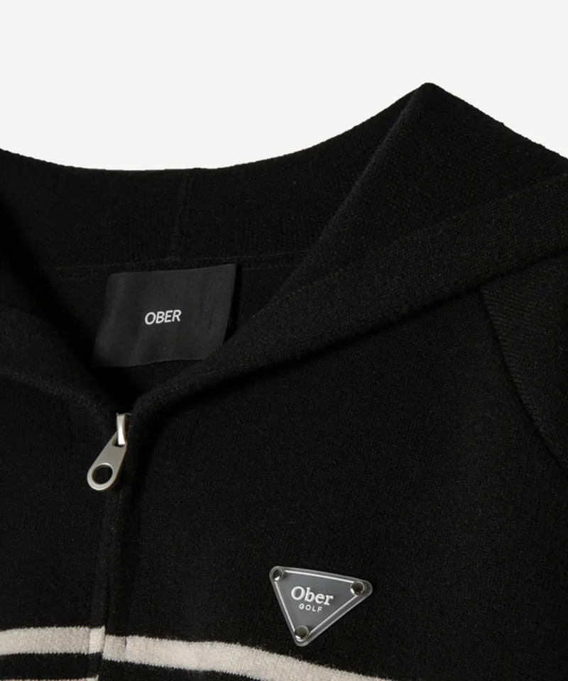 OBER Golf Color Block Hooded Knit Cardigan - Black