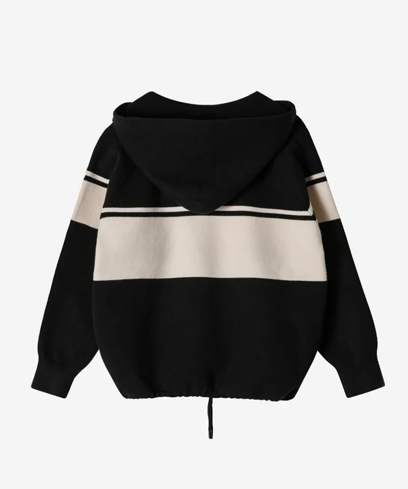 OBER Golf Color Block Hooded Knit Cardigan - Black