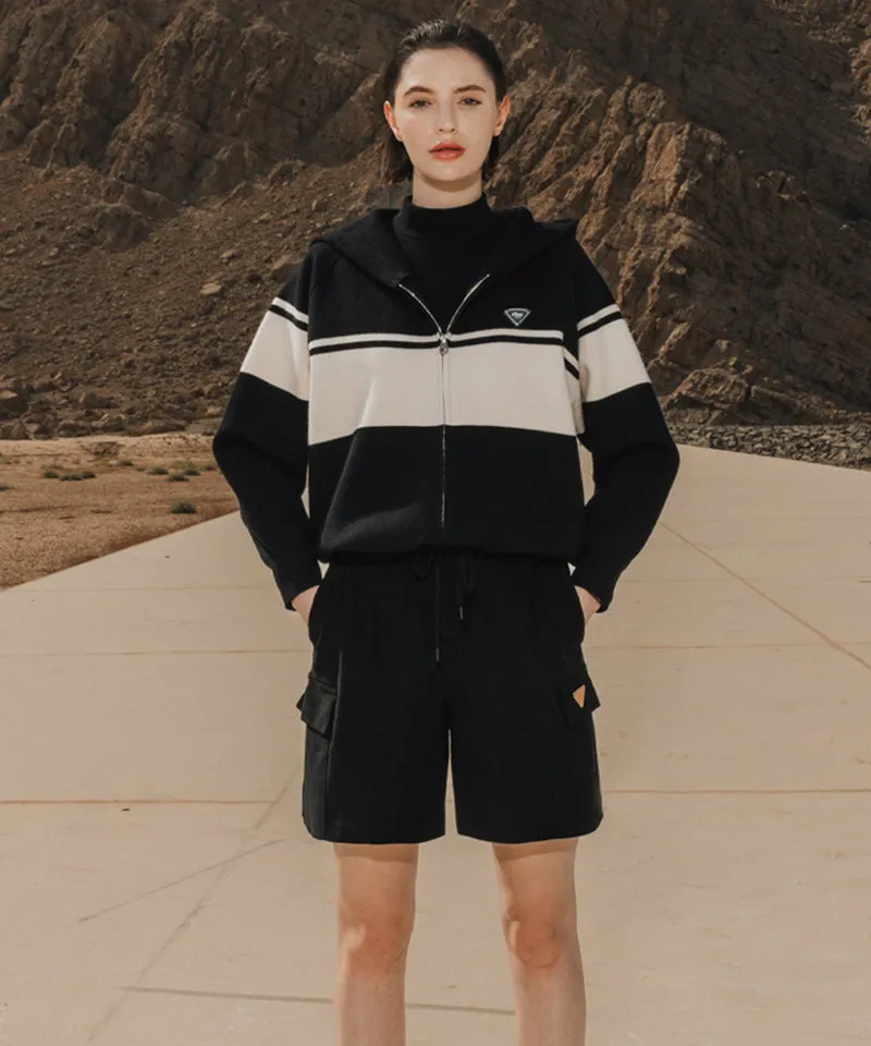 OBER Golf Color Block Hooded Knit Cardigan - Black
