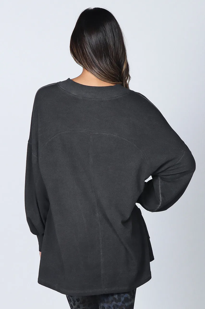 Oil Washed Baby French Terry V-Neck Tunic - Caviar