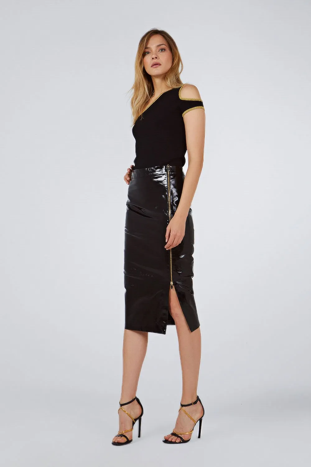 ONE SHOULDER CUTOUT TOP BLACK-GOLD