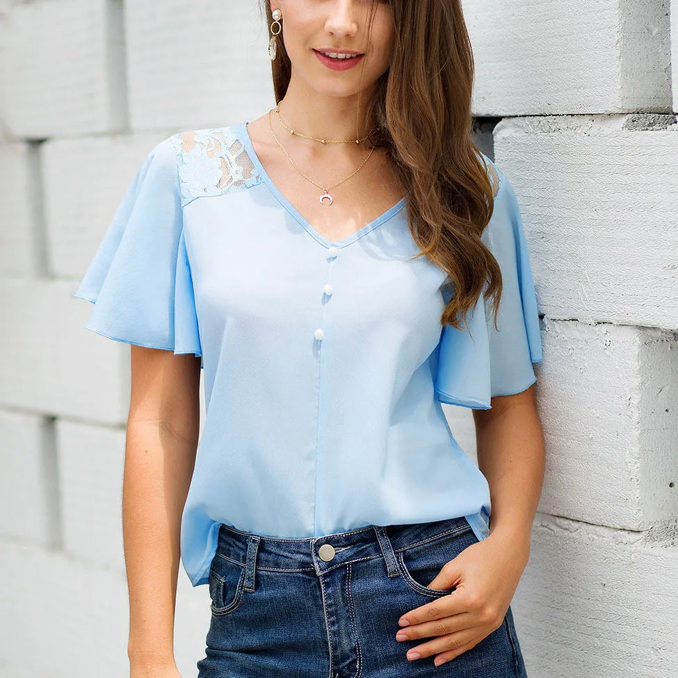 Original Design Ruffled Short-sleeved Lace Stitching V-neck Fashion Wild Chiffon Shirt