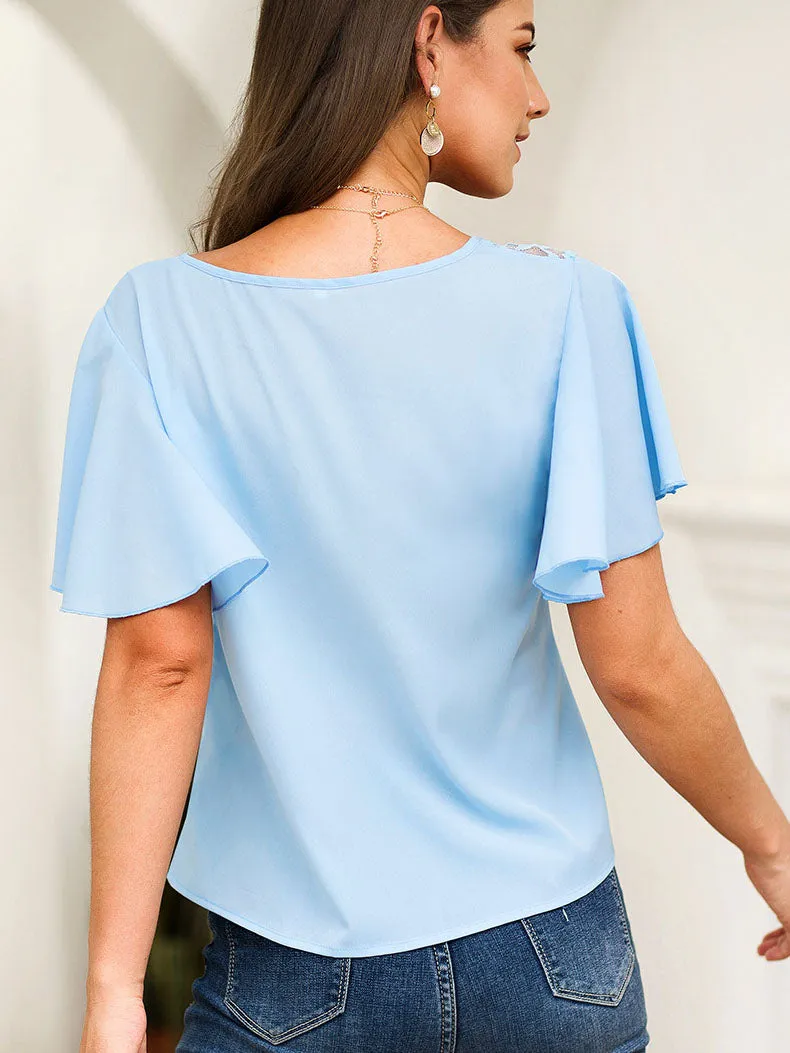 Original Design Ruffled Short-sleeved Lace Stitching V-neck Fashion Wild Chiffon Shirt