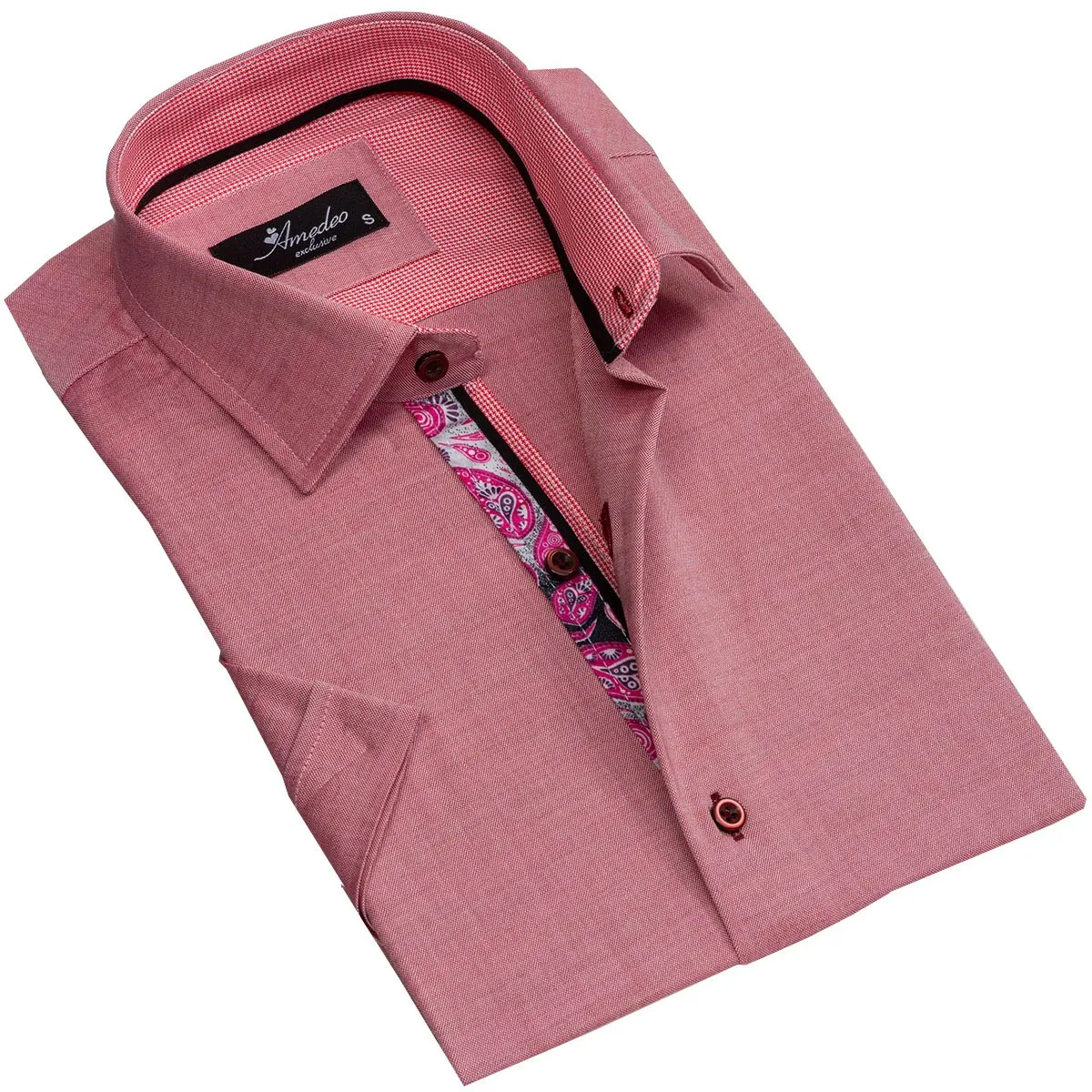 Pink Paisley Mens Short Sleeve Button up Shirts - Tailored Slim Fit Cotton Dress Shirts