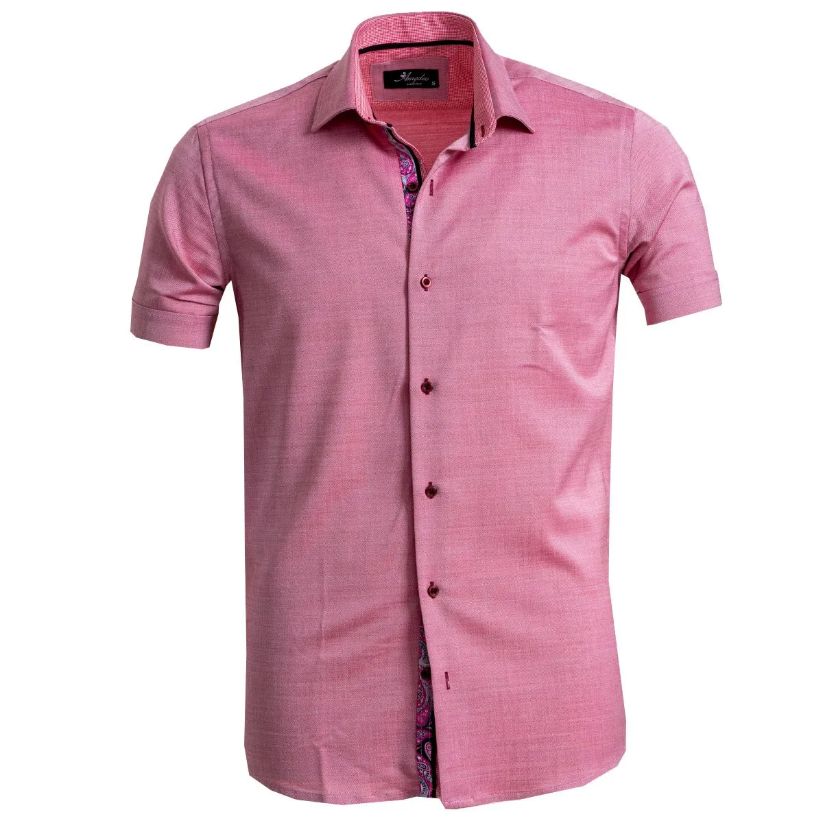 Pink Paisley Mens Short Sleeve Button up Shirts - Tailored Slim Fit Cotton Dress Shirts