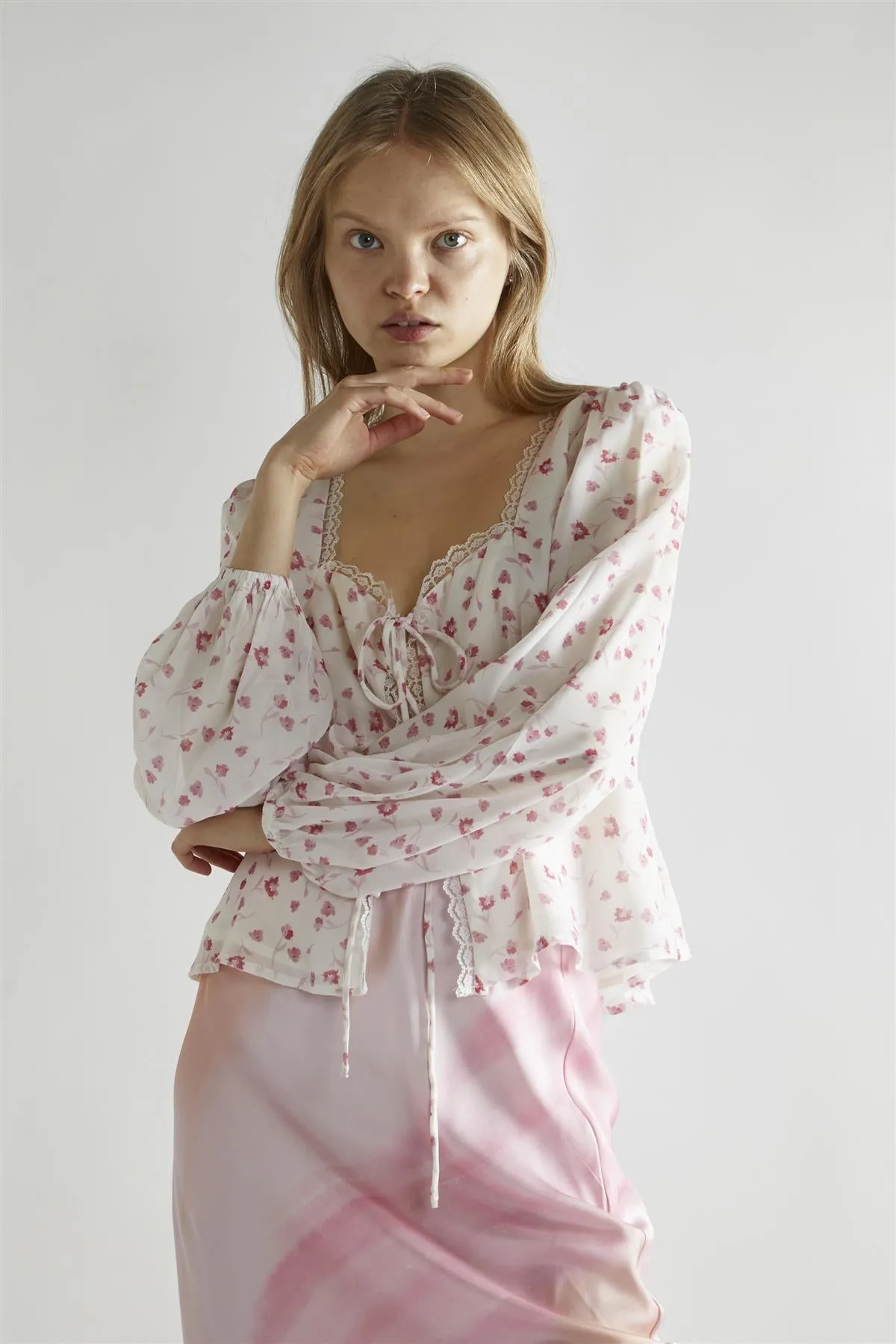 Pink Watercolour-Floral V-Neck Top