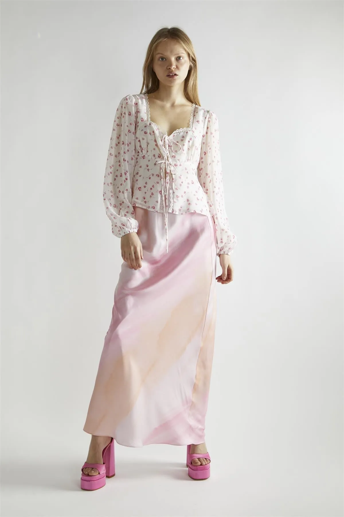 Pink Watercolour-Floral V-Neck Top