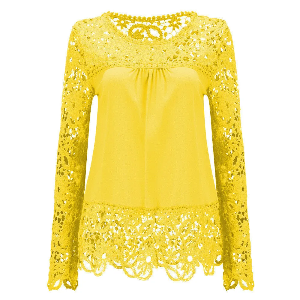 Plus Size 7XL Ladies Women's Long Sleeve Chiffon Lace Crochet Tops Blouses Women Clothing Blouse 21 colors