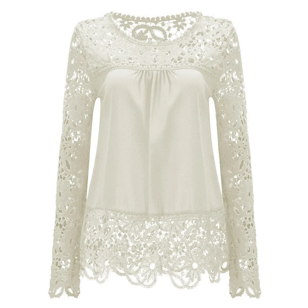 Plus Size 7XL Ladies Women's Long Sleeve Chiffon Lace Crochet Tops Blouses Women Clothing Blouse 21 colors