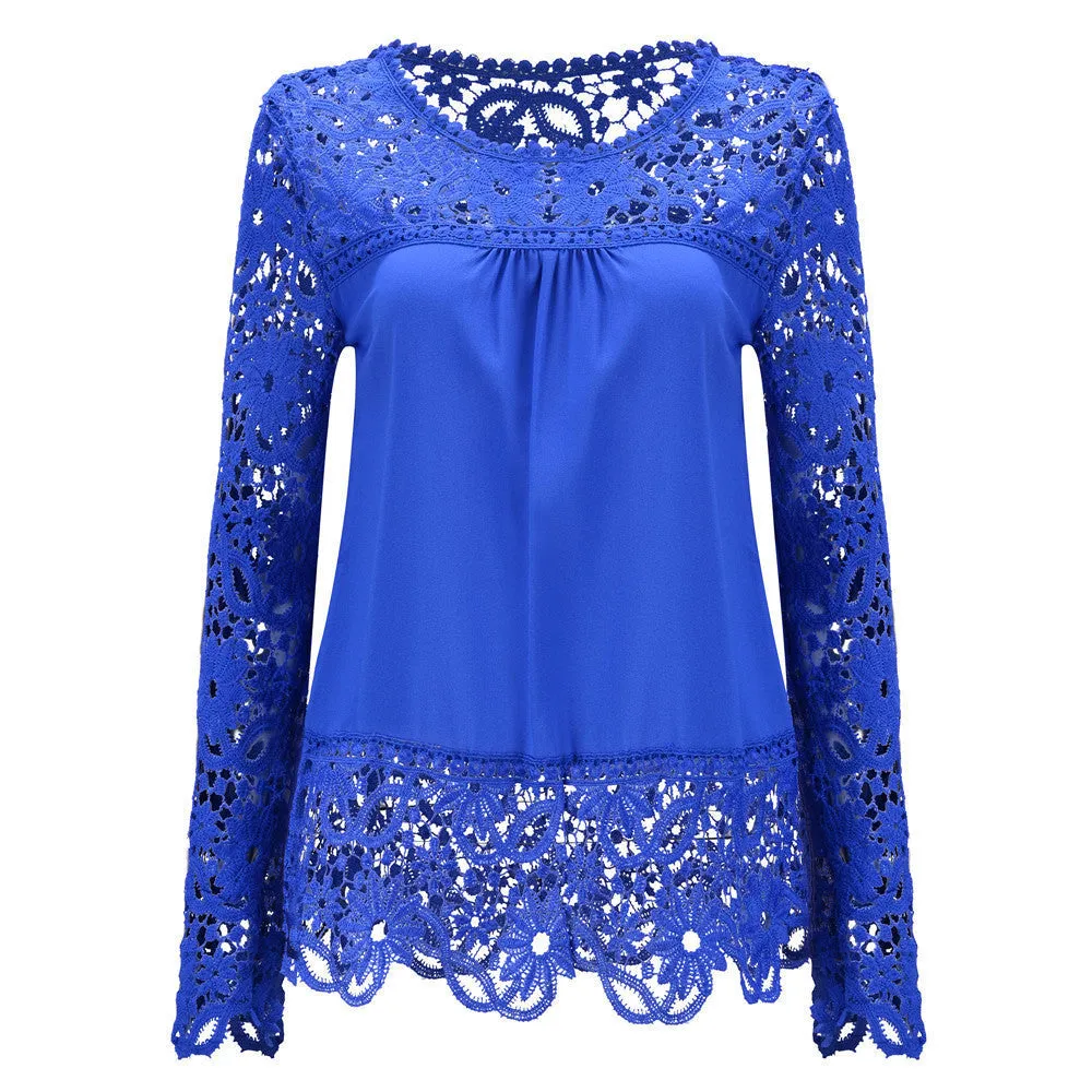 Plus Size 7XL Ladies Women's Long Sleeve Chiffon Lace Crochet Tops Blouses Women Clothing Blouse 21 colors