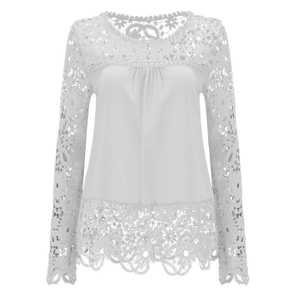 Plus Size 7XL Ladies Women's Long Sleeve Chiffon Lace Crochet Tops Blouses Women Clothing Blouse 21 colors