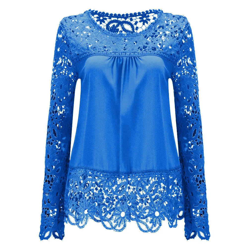 Plus Size 7XL Ladies Women's Long Sleeve Chiffon Lace Crochet Tops Blouses Women Clothing Blouse 21 colors