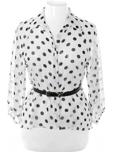 Plus Size Belted Polka Dot  See Through White Button Up