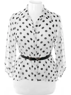 Plus Size Belted Polka Dot  See Through White Button Up