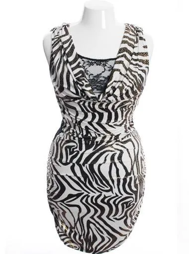Plus Size Draped Lace Peep Zebra Print Dress