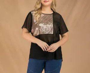 Plus Size Sequined Stitching Short-sleeved Chiffon T-shirt
