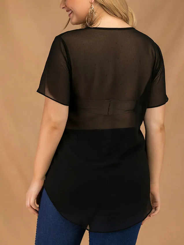 Plus Size Sequined Stitching Short-sleeved Chiffon T-shirt