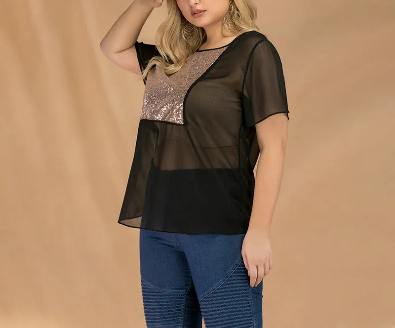 Plus Size Sequined Stitching Short-sleeved Chiffon T-shirt